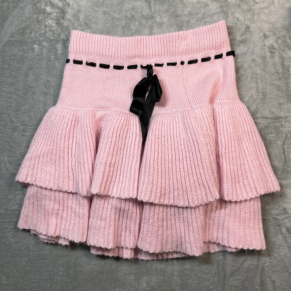 Romwe Tiered Ruffle Mini Skirt Womens Small Pink Ribbed Knit Satin Bow Coquette